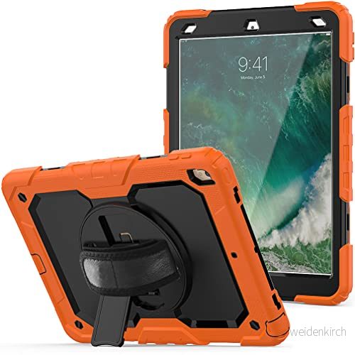 fodral för iPad pro 10.5 2017/iPad air 3 2019 med 360 graders roterbart vikbart stativ, trendigt stötsäkert handledsrem och axelrem, orange 7657136165894