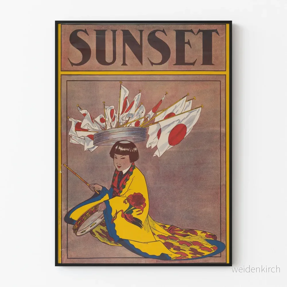 Vintageposter Solnedgång - Ung flicka i kimono med japanska flaggor
