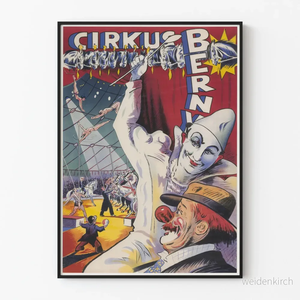 Vintageaffisch för Cirque Berny i karusell med clown och artister