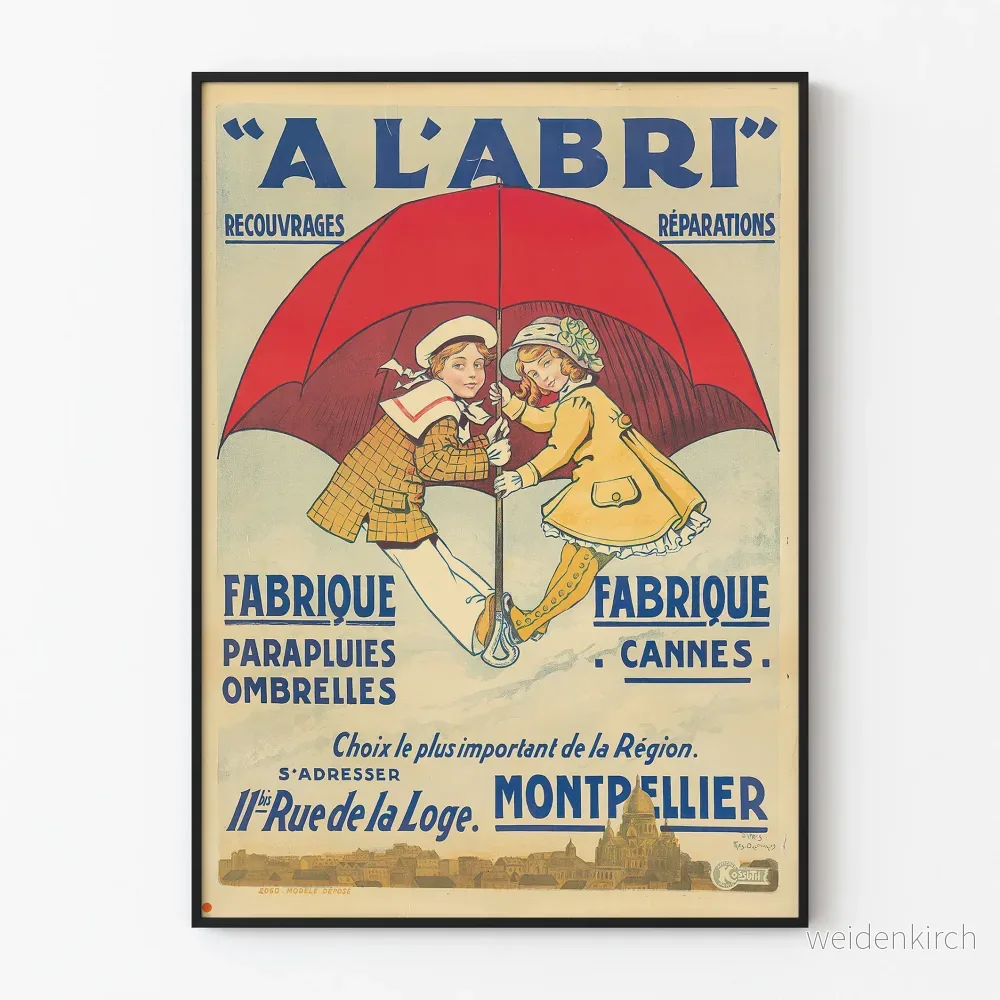 Vintageposter A L’ABRI paraplyer och käppar väggdekoration Vintageposter A L’ABRI paraplyer och käppar väggdekoration
