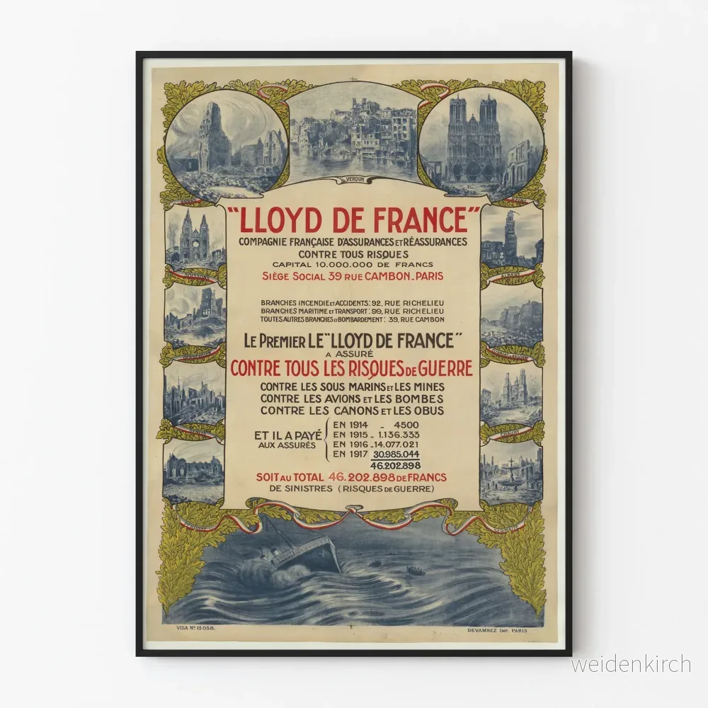 Vintageaffisch Lloyd de France fullständigt krigsriskförsäkring