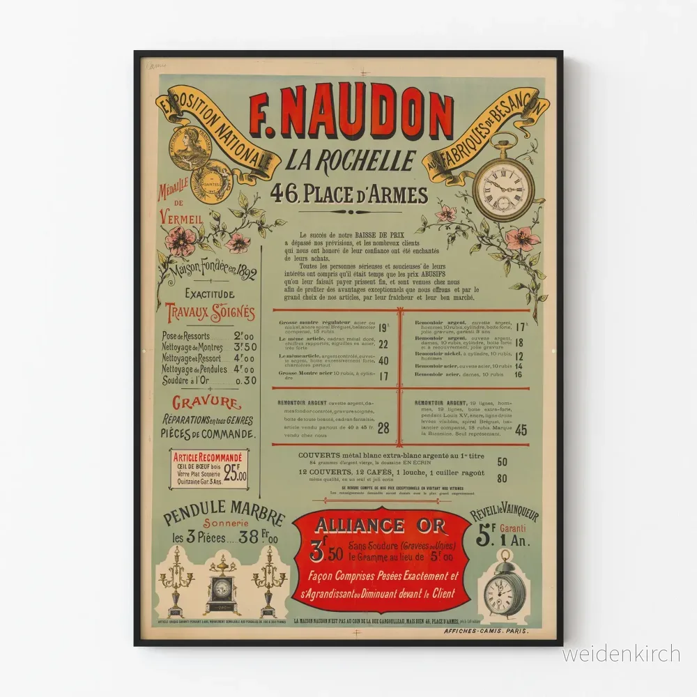 Gammal reklamposter F. Naudon klocktillverkning La Rochelle