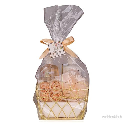 Accentra duschset dampresentset HONEY JASMINE i en vacker trådkorg 4 delat vårdset med duschgel, bodylotion, badkonfetti & svamp wellness presentset för födelsedag 4015953692505