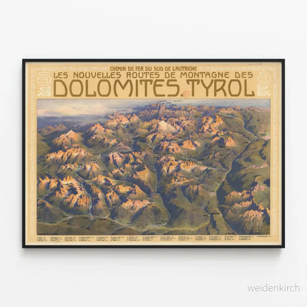Vintageposter av Dolomiterna och Tyrolens järnväg - Bergskarta
