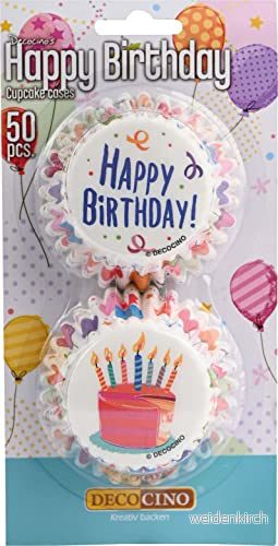 DECOCINO Muffinsformar, Happy Birthday, 50 st Ø 5 cm cupcake formar i papper med olika motiv som en perfekt dekoration för barns födelsedagar 4250448341340