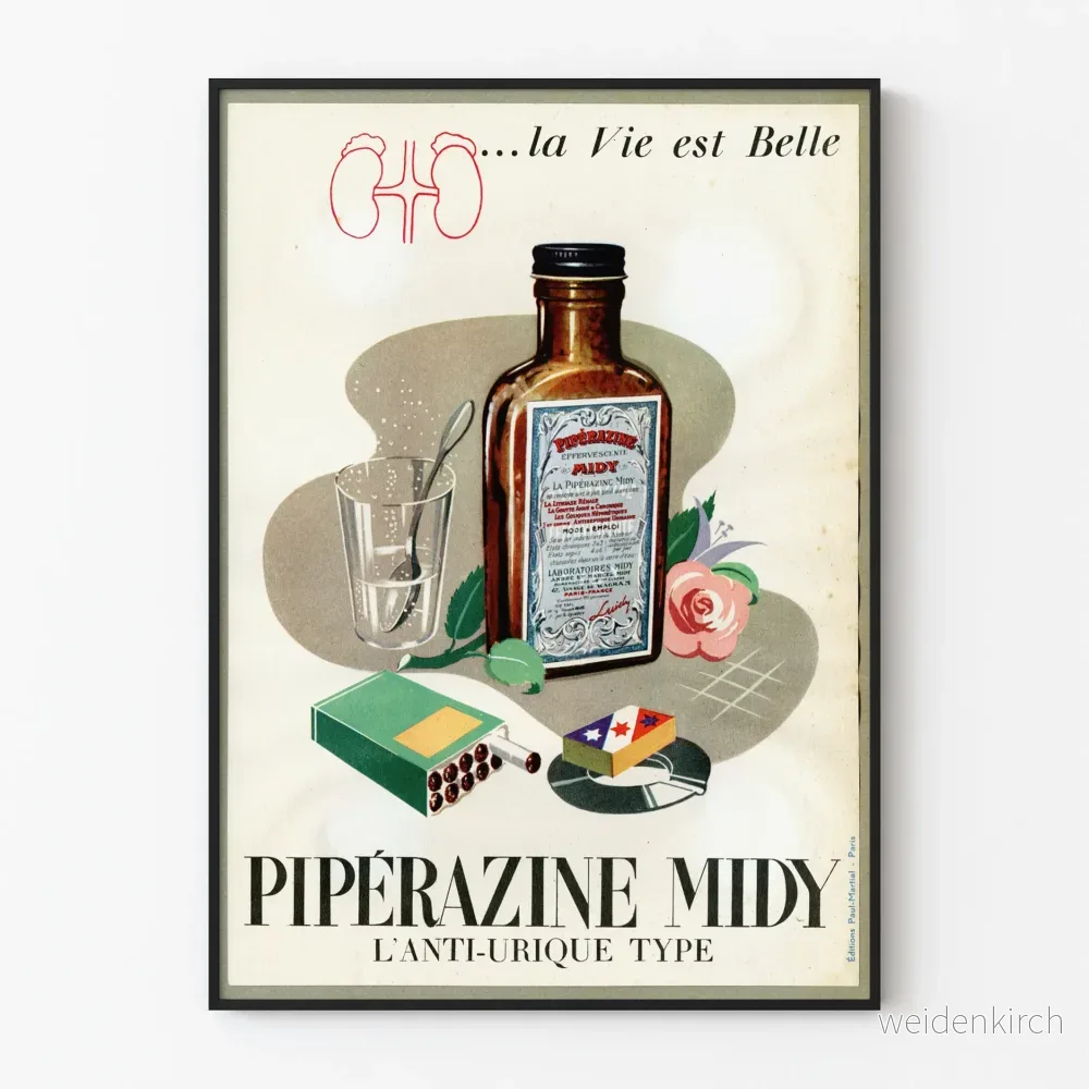 Vintageposter Pipérazine Midy mot urinvägsbesvär för väggdekoration