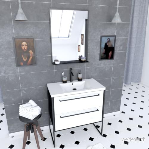 Aurlane badrumsmöbel paket 80 x 50 cm 2 lådor vit handfat + spegel svart matt 3700710244776
