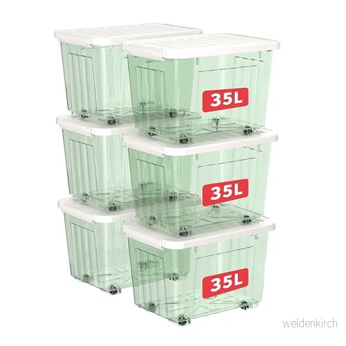 Cetomo 35 L x 6 förvaringslådor med hjul, plastförvaringslåda lock, spärrspännen, klickstängning, stapelbar, kapsling, hållbar organiserare för hemmakontorskläder, klargrön, pack 6925801117051