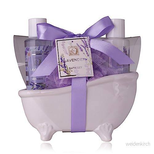 Accentra Duschset för kvinnor, presentset LAVENDEL i vackert keramiskt badkar 3 delat vårdset med duschgel, kroppslotion och nätsvamp wellness födelsedag, alla hjärtans dag 4015953692574