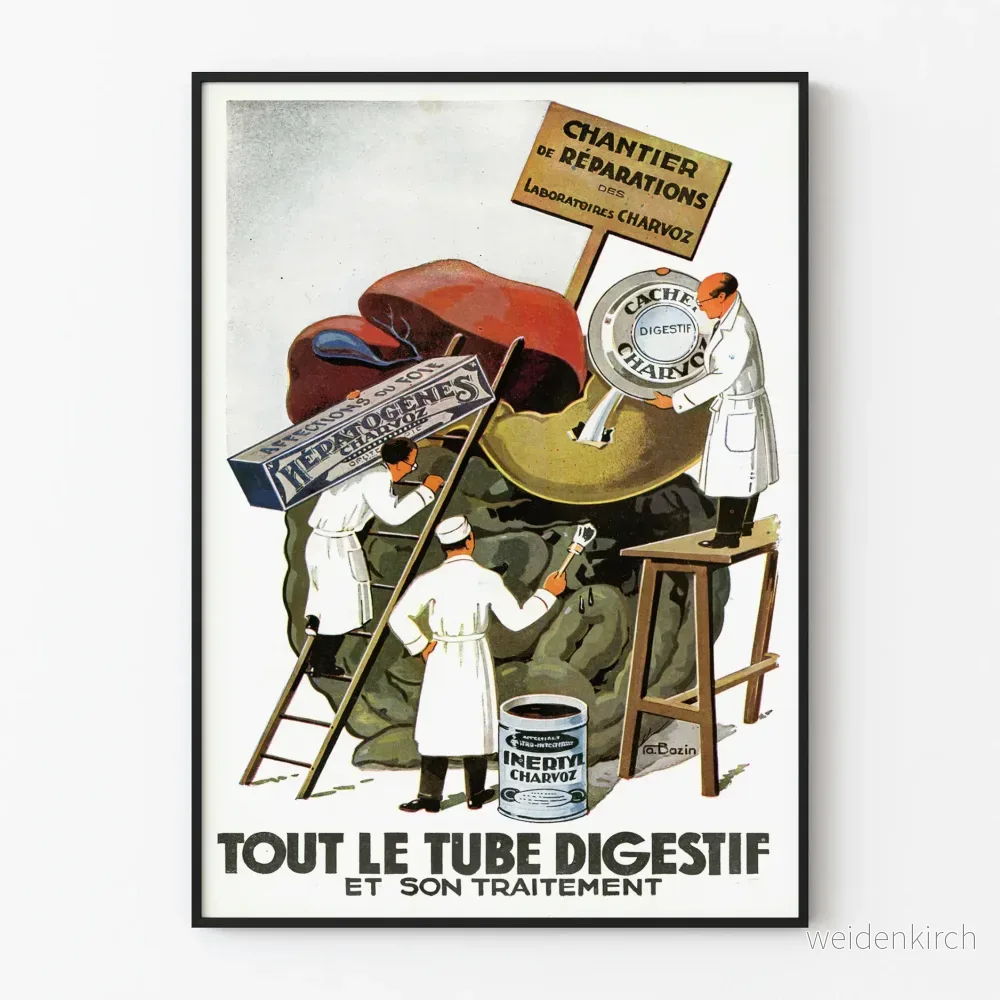 Vintage medicinsk poster « Hela matsmältningssystemet och dess behandling »