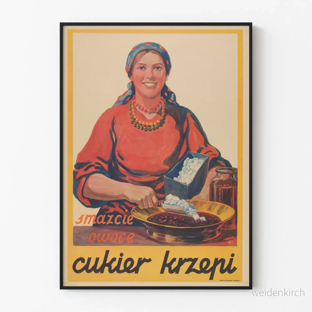 Vintageposter med kökstema, kvinna med socker och frukt