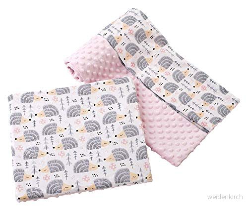 Babyfilt krypfilt med kudde 100% bomull minky barnfilt stor dubbelsidig 75 x 100 + 35 30 cm multifunktionell för säng barnvagn medi partners (grå igelkott ljusrosa minky) 5903031423792