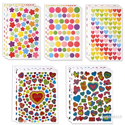 21 Feuilles Gommettes Autocollantes, Plus de 1300 Stickers Enfants en Forme Coeurs Étoiles, Pois Autocollants Colorés pour Activités Manuelles Photo Cadeau Scrapbooking 784300094784