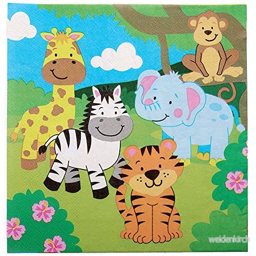 Baker Ross FX103 Jungle Chums festservetter paket med 20 servetter, barnfestservetter, pappersservetter, barns födelsedagsservis, djungelkammarfestservetter 5051174134850