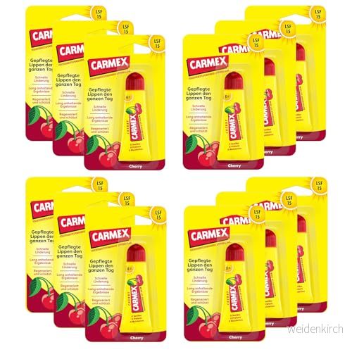 Carmex Cherry Tube läppvård för torra läppar, läppbalsam fuktgivande och lugnande spruckna med solskydd, vaselin, E vitamin bivax (12 x 10 g) 83078006518