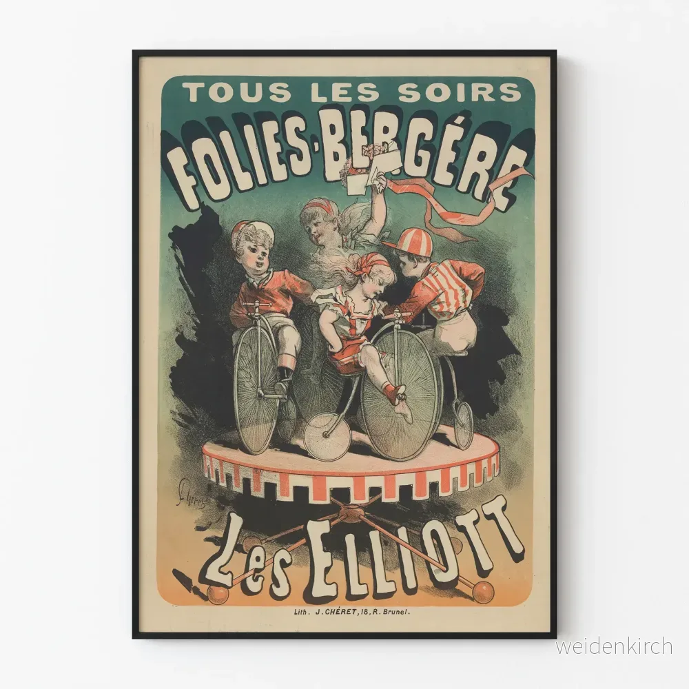 Vintageposter Folies-Bergère Les Elliott på gammal cykel
