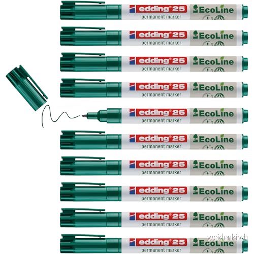 edding 25 Ecoline permanent marker grön låda med 10 rund spets 1 mm vattenfast, snabbtorkande, fläckfria pennor för kartong, plast, glas, trä, metall och tyg går att fylla på 4004764971671