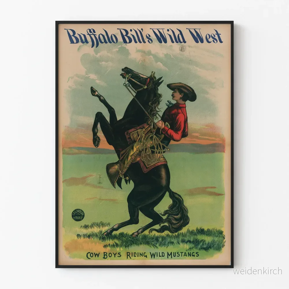 Vintageposter av Buffalo Bills Vilda Väst-ryttare på häst