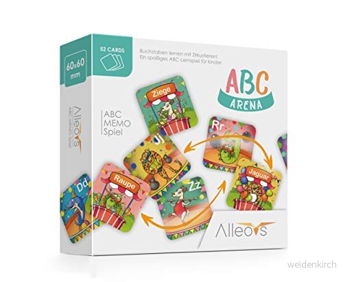ALLEOVS® ABC Arena Letter Memory Game med cirkusdjur, ett pedagogiskt spel för 1 6 barn från 4 år och framåt, 52 kort att lära sig alfabetet, namnen på djur tyska 4270001396716