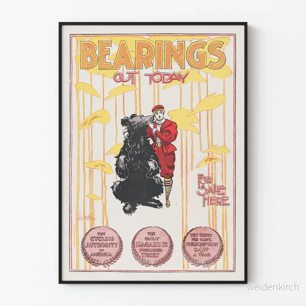 Vintageposter "Bearings Out Today" med illustration av en björn och cyklist