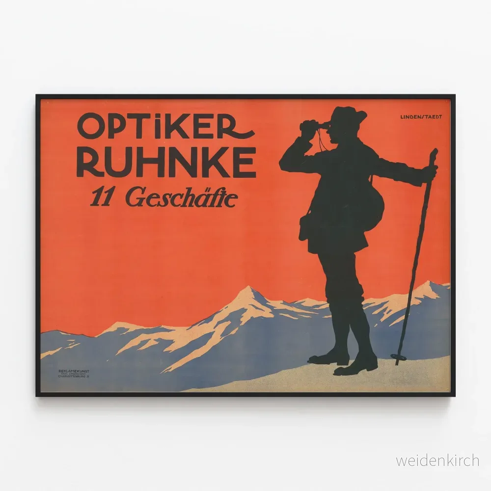 Vintageposter av Optiker Ruhnke silhuett för vandrings- och bergsutflykt