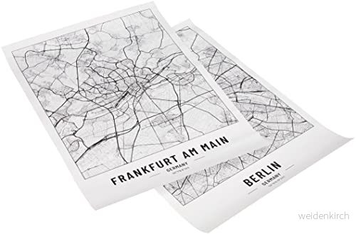 2 x stadskarta affischer A2 svart vit 250 gram papper Bilder för vardagsrum och sovrum Mycket många stadsmotiv Perfekt presentidé utan ram Poster Franfurkt Berlin 5904959180064
