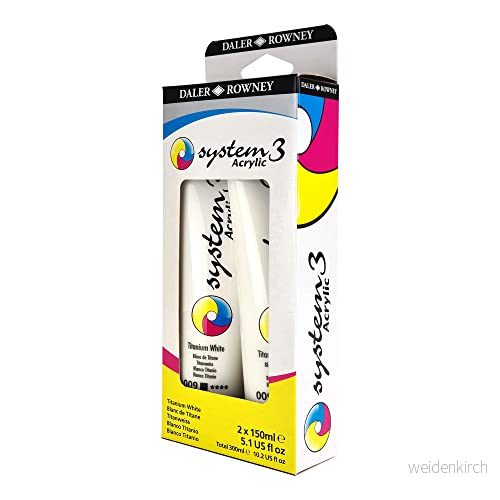Daler Rowney System3 150 ml titan vit akrylfärg tvåpack set, livliga färger, flera ytor, perfekt för professionella konstnärer och studenter 5011386120669