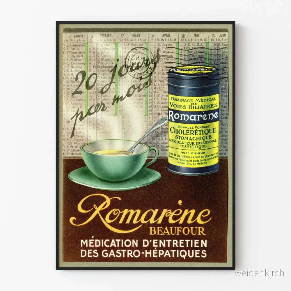 Vintageposter Romarène för medicinering av mag- och leverbesvär Vintageposter Romarène för medicinering av mag- och leverbesvär