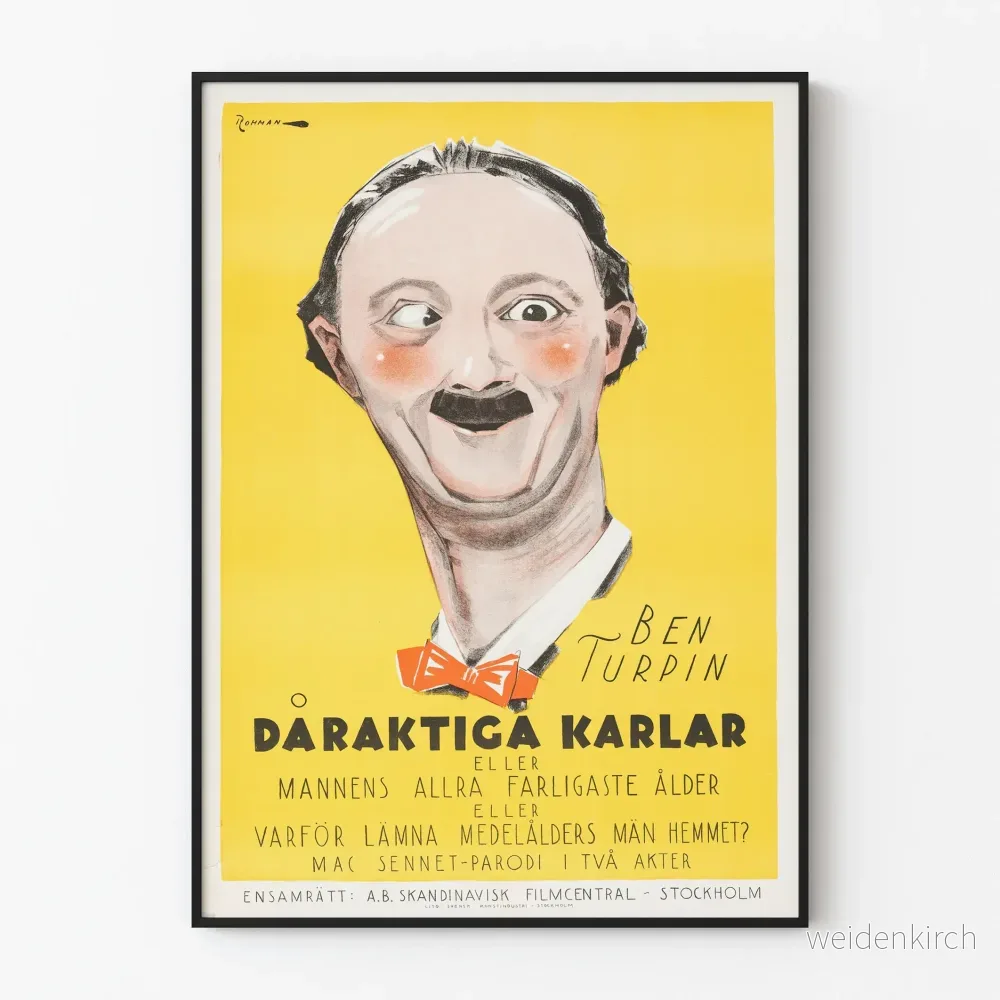 Vintage humoristisk poster med Ben Turpin på gul bakgrund
