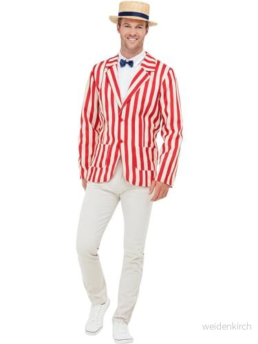 20s Barber Shop Costume, Red & White, with Jacket, Hat Bow Tie (M) 5020570529010