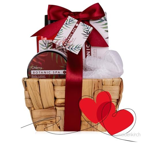 Accentra badset dam CHERRY SPA i sjögräskorg 4 delat vårdset med duschgel, badsalt, bodylotion & nätsvamp wellness presentset för födelsedagar, alla hjärtans dag jul 4015953667404