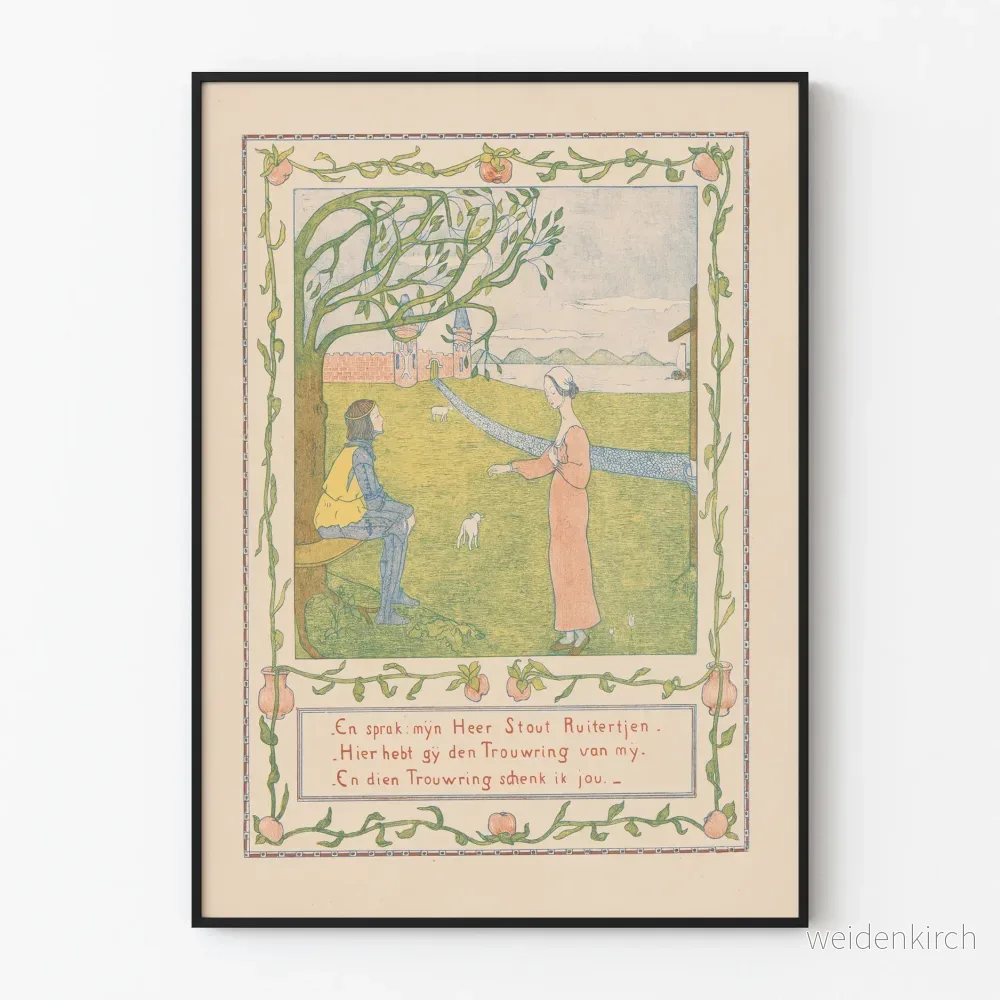 Medieval dekorativ poster med romantisk scen och blomsterinramning