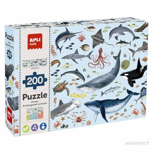 APLI Kids 19696 Utbildningspussel med hotade djur, havsmodell 200 bitar storlek 6 x cm 8410782196969