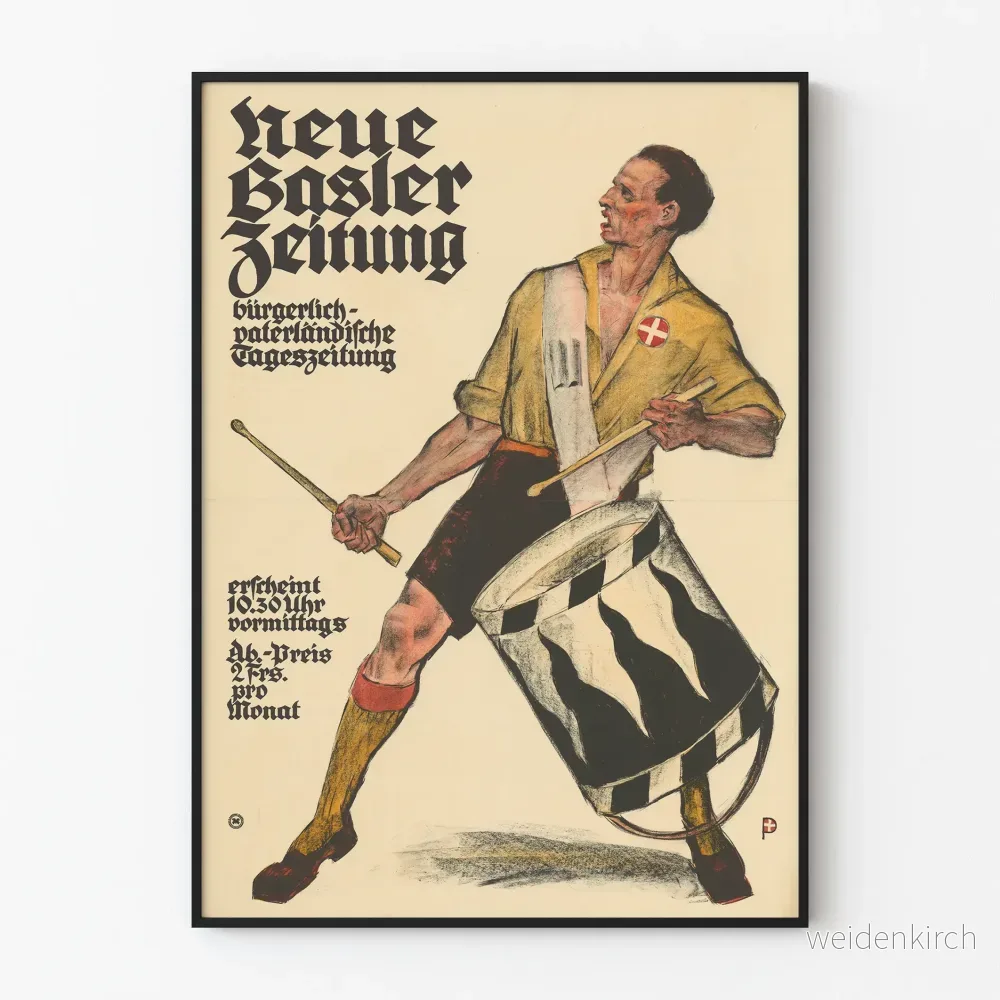 Vintageposter Neue Basler Zeitung - Illustration av en tamburinspelare