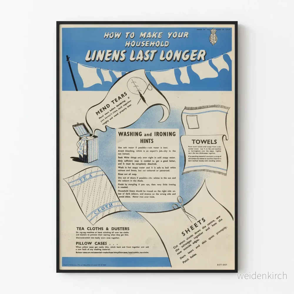 Vintageposter med råd om hur man sköter hemtextilier