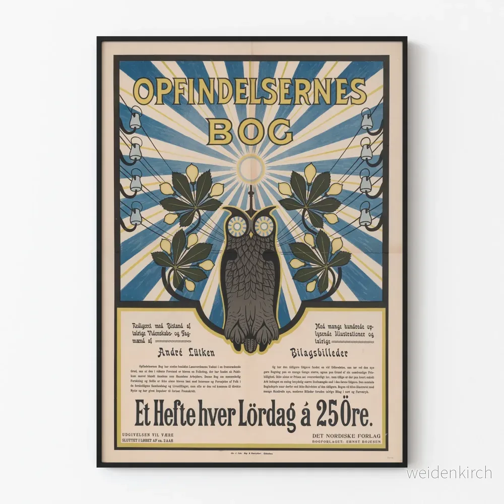 Vintageposter för väggdekoration Opfindelsernes Bog med uggla och ljusstrålar