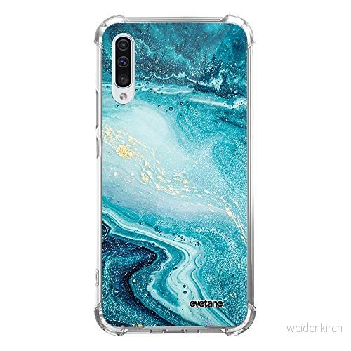Evetane fodral kompatibel med Samsung Galaxy A50 silikonhörn starkt fullständigt skydd resistent transparent pärlemor blå marmor mönster trendig skrift 3666087086305