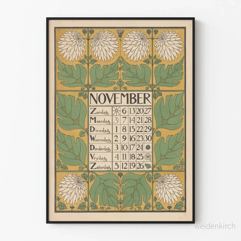 Vintage kalenderposter november 1898 väggdekoration botanisk