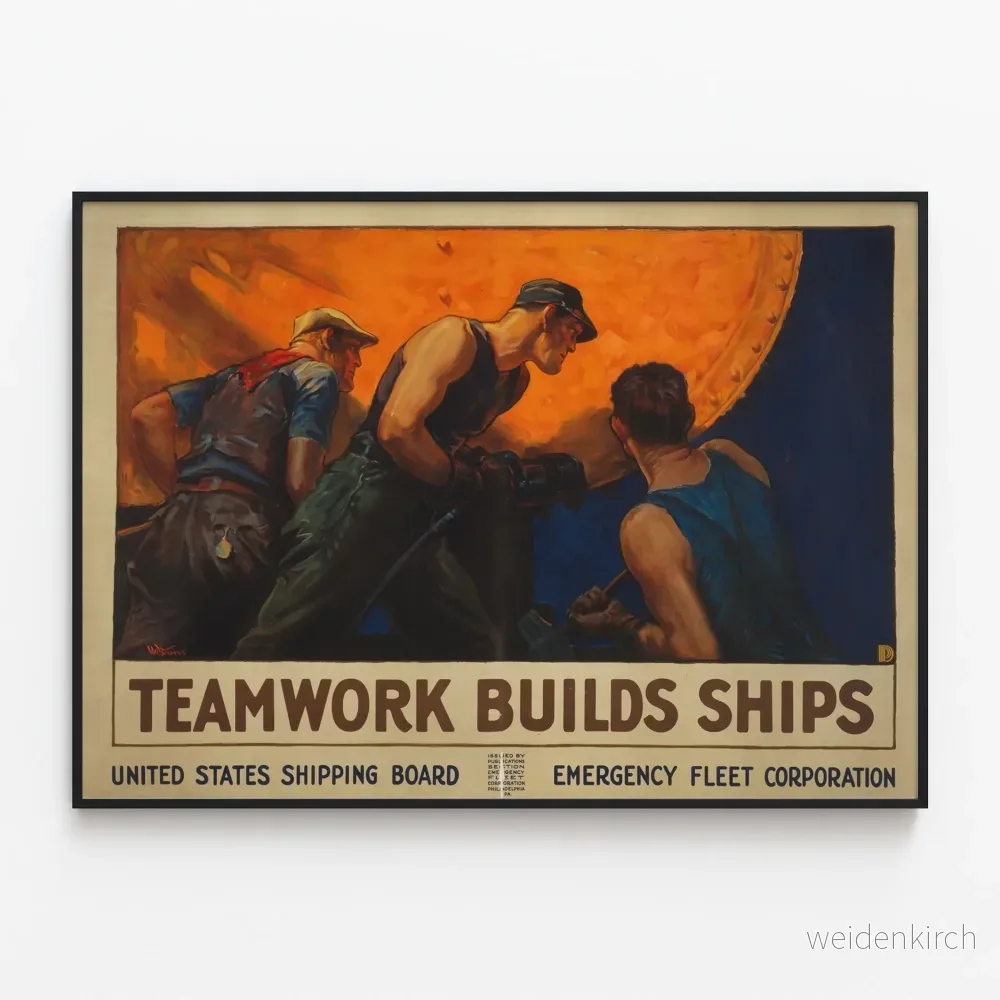 Vintageaffisch teamwork bygger fartyg