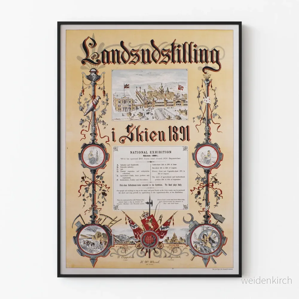 Vintageaffisch Landzudstilling i Skien 1891 för väggdekoration