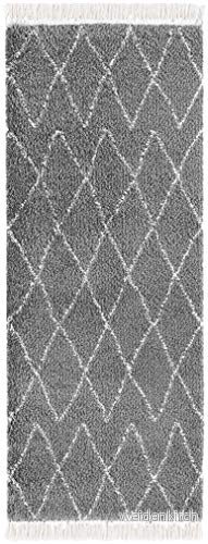 Mint Rugs högklackade löpare med fransar jade mjukt fluffigt geometriskt mönster (80 x 200 cm, 100% polypropylen, lämplig för golvvärme, robust), mörkgrå kräm 4260659064969