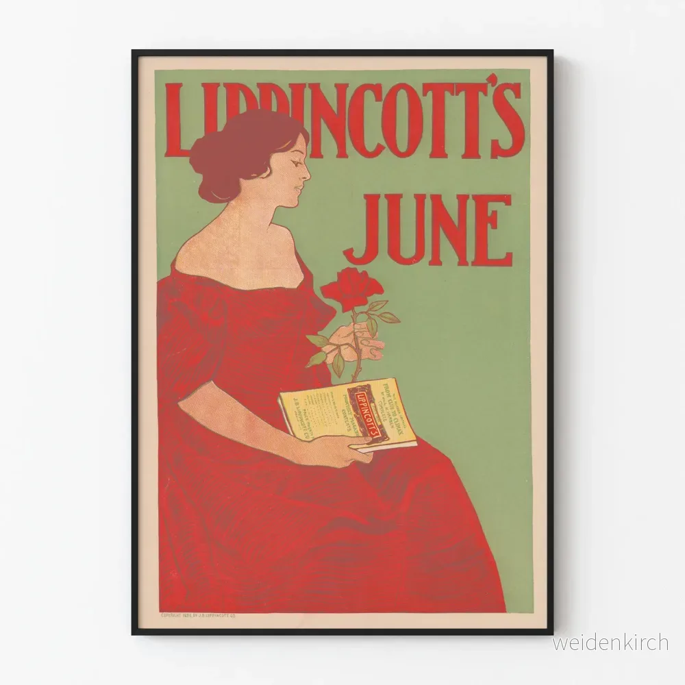 Vintageposter Lippincott’s juni med kvinna i röd klänning