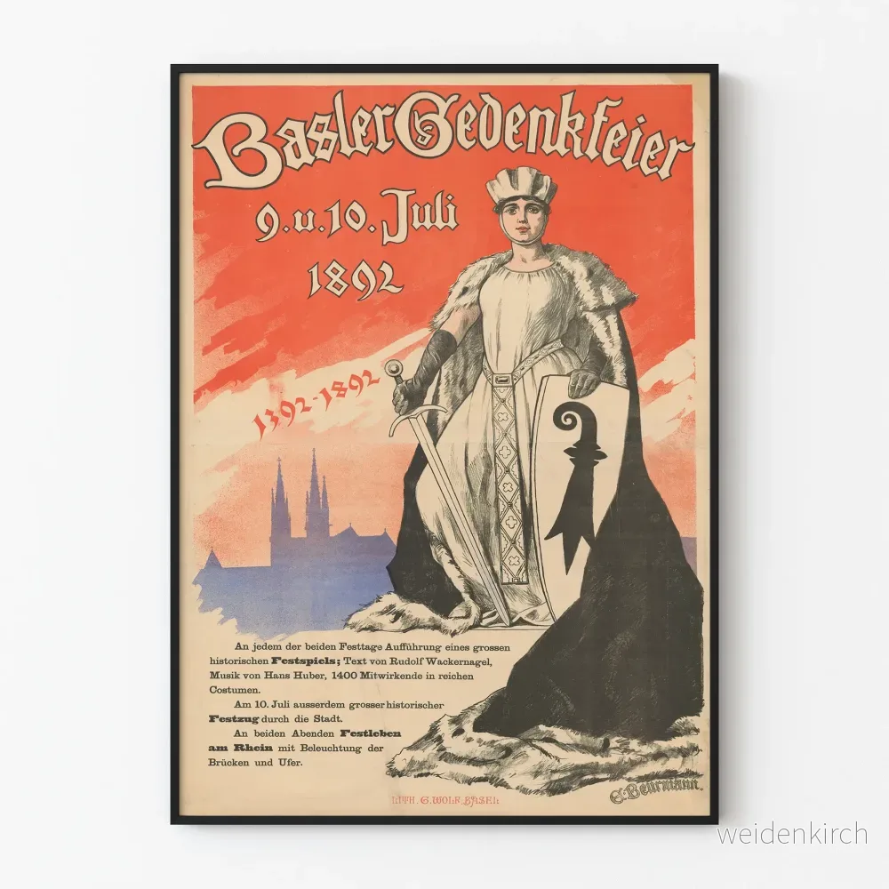 Vintageposter för Basler minnesfest 1892 Historisk väggdekoration
