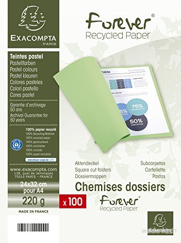 Exacompta Ref. 410003E Förpackning med 100 st Forever® 220 g/m2 styva mappar 100% återvunna och Blue Angel certifierade storlek 24 x 32 cm för A4 format rosa färg 3288584100034
