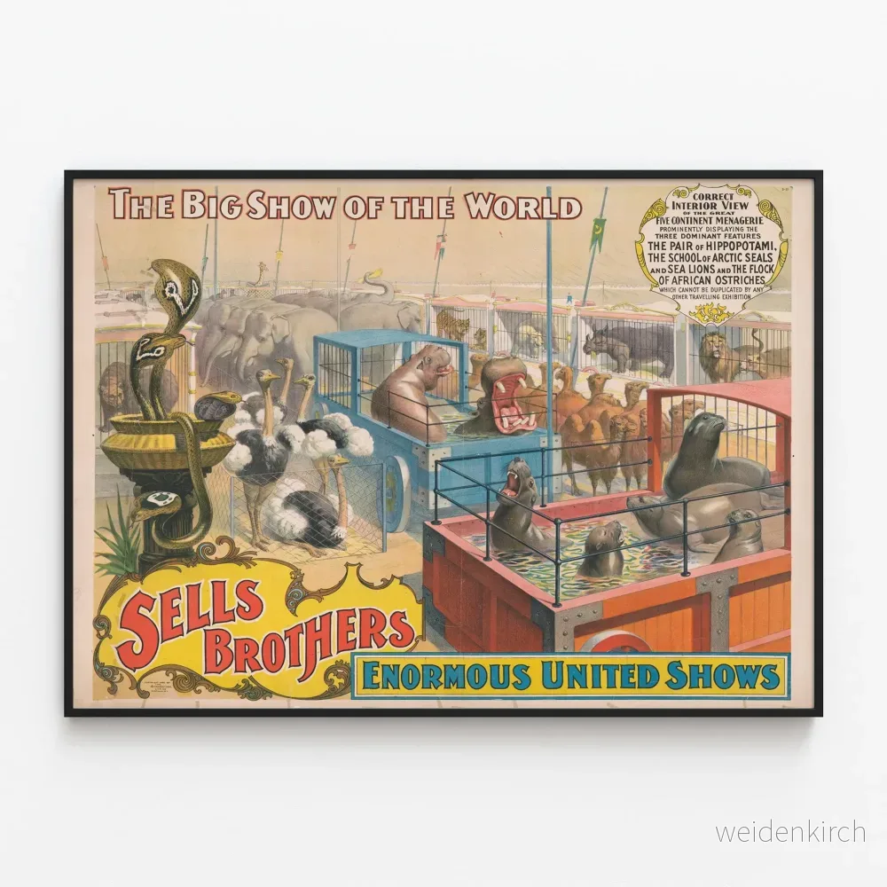 Vintageposter Sells Brothers Enormous United Shows - Djurmotiv för väggdekoration