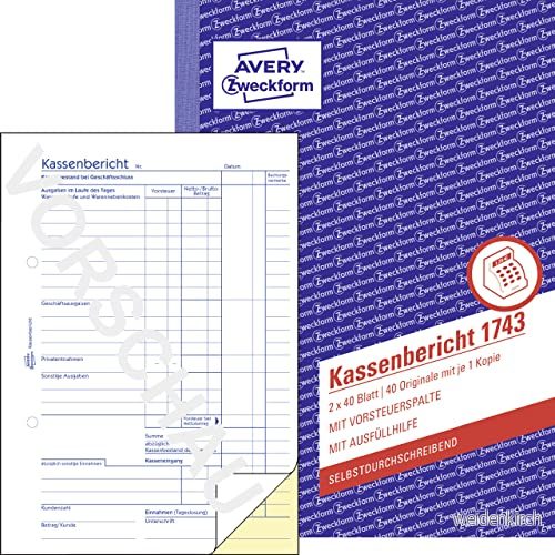 AVERY Zweckform 1743 kassarapport (A5, 2 x 40 ark, självkopierande, retrograderad fastställning av dagliga inkomster, kontrollerad juridiska experter, för DE/AT, korrekt bokföring) vit/gul 4004182017432
