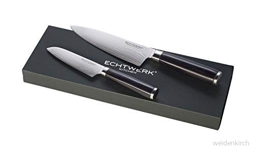 Echtwerk Damaszener knivset, 2 delar, kockknivar/kökskniv, Santokukniv/traditionell japansk kniv, damaskstål, slät slipning, ergonomiska knivhandtag av Pakka trä, förvaringslåda 4260238061907