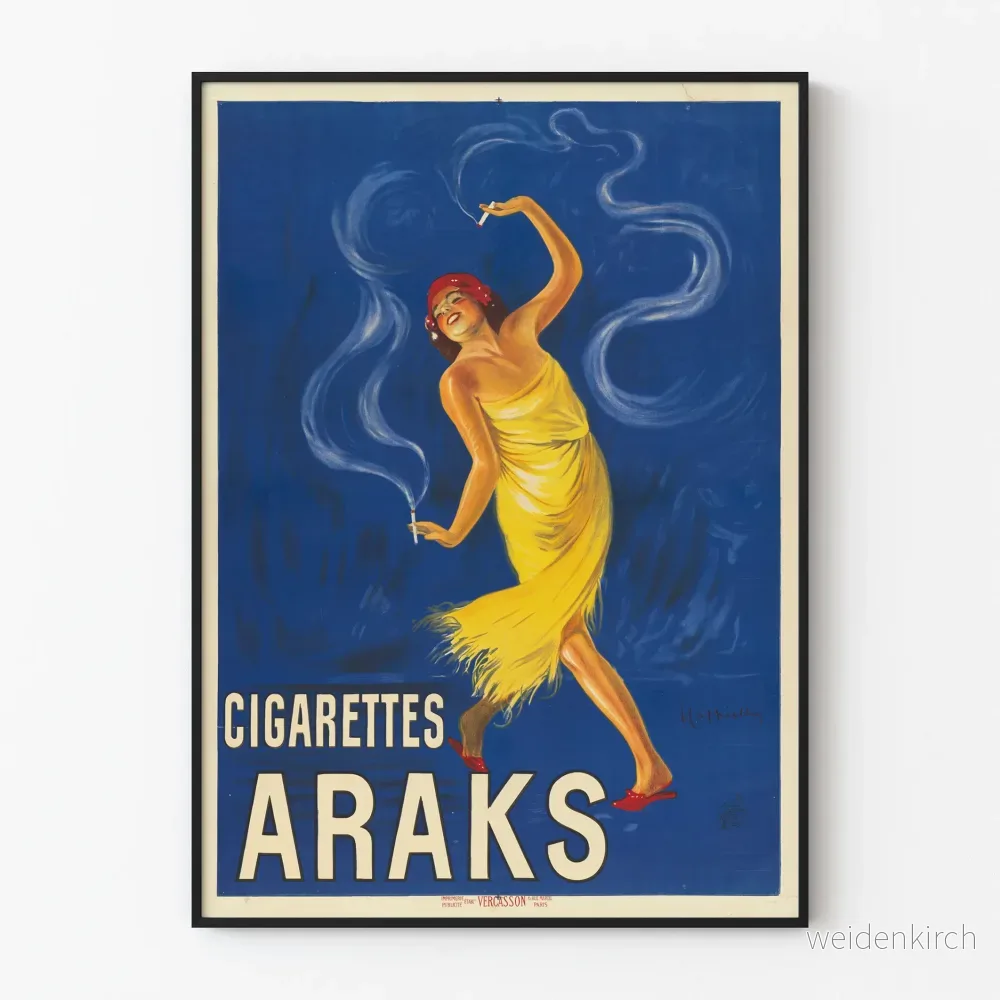 Vintageposter Cigarettes Araks med dansare i gul klänning