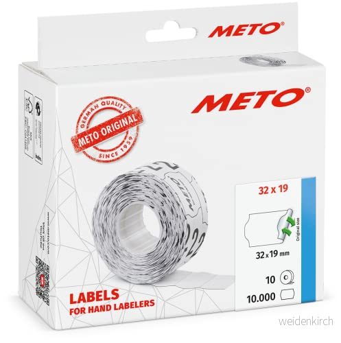 Meto etiketter för handetiketter (32x19 mm, 2 rader, 10 000 stycken, vit, avtagbar, METO, Contact, Sato, Avery, Tovel, Samark etc.) 4059732203803