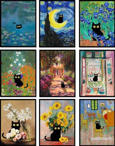 9 st rolig svart katt väggkonst affisch tryck vintage solros kanvas konstverk bilder gåva söt rum dekor eklektisk estetisk blommig monet Van Gogh för vardagsrum badrum sovrum dekorera utan ram 749655568939